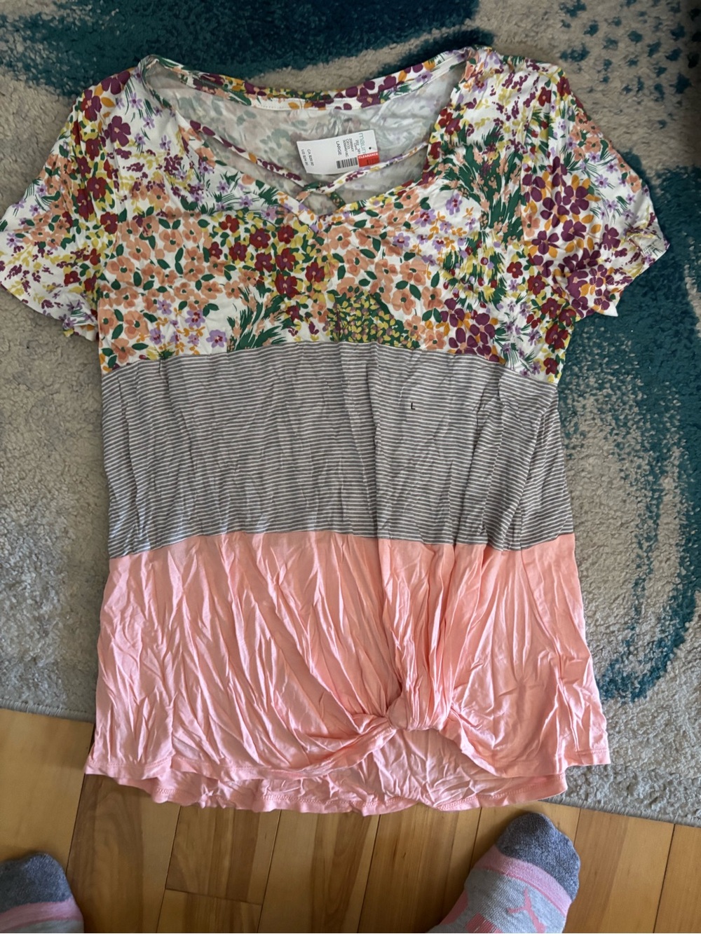 Maurices Floral, Striped & Pink Short Sleeve Top